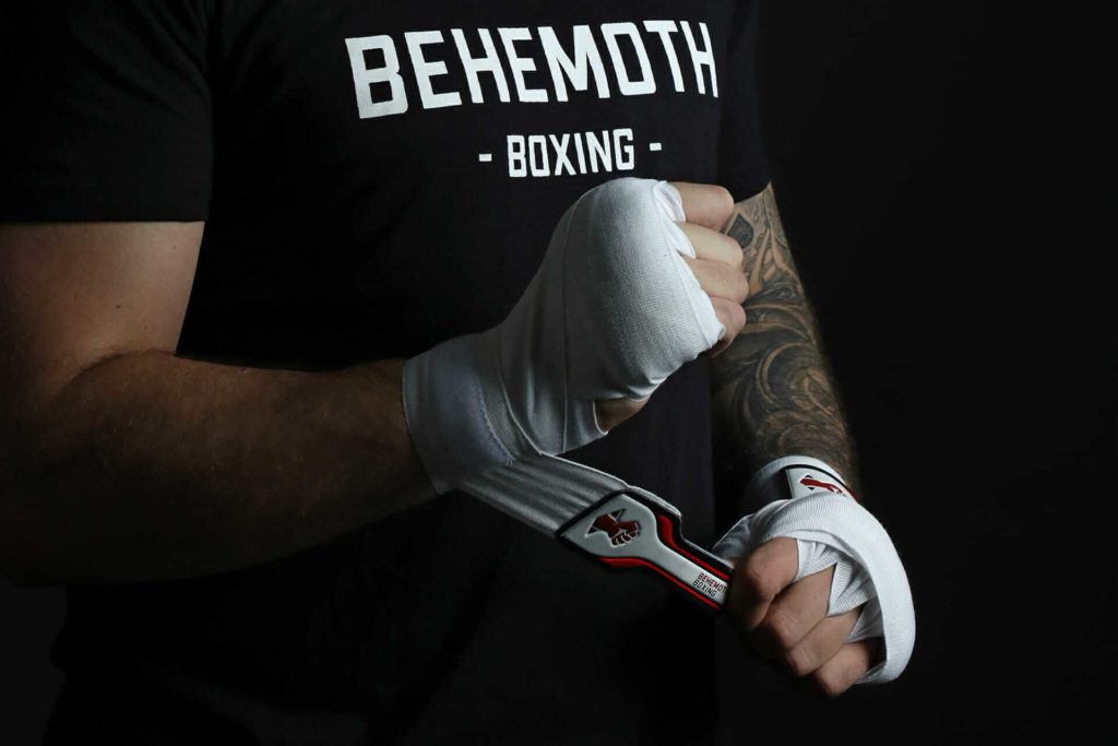 Behemoth Boxing white handwraps on model