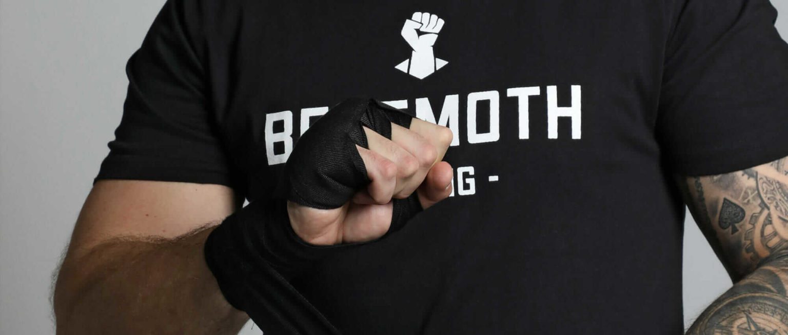 Black boxing hand wraps on model