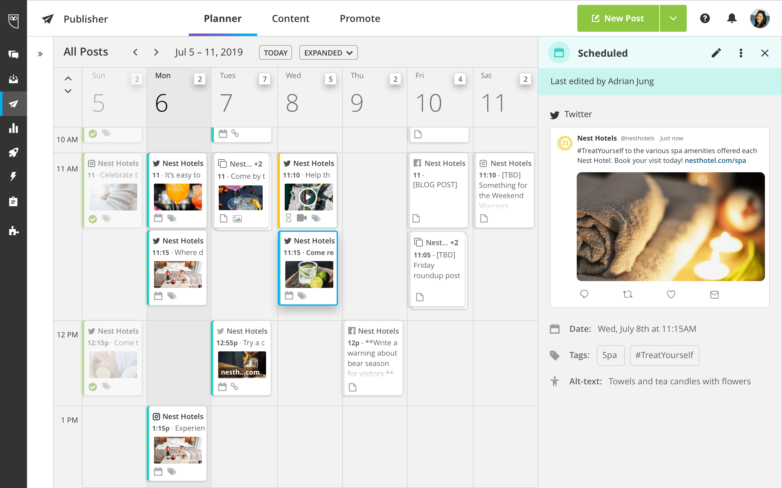 Multi-channel social media scheduling on Hootsuite calendar