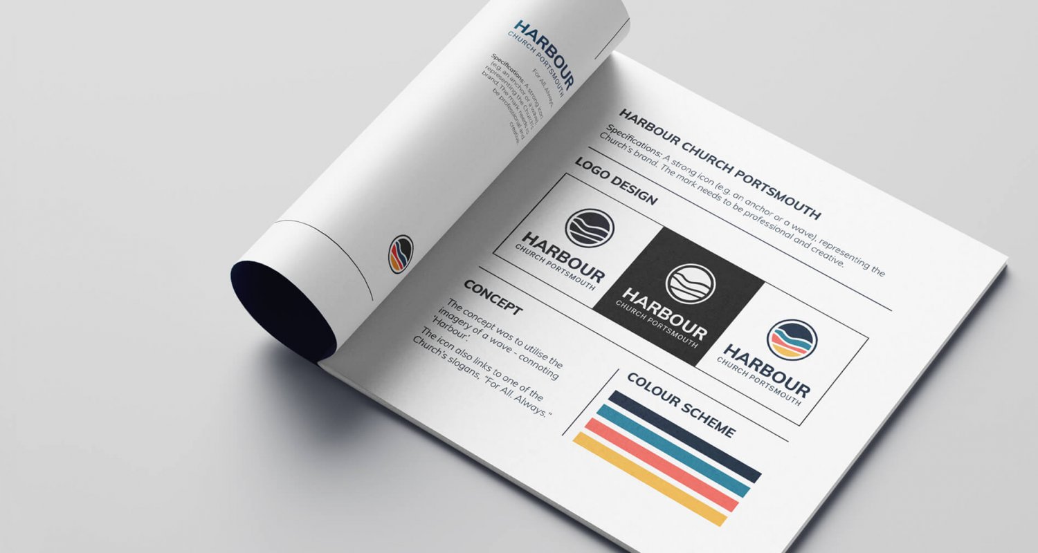 Harbour Church Portsmouth brand Harbour Church Portsmouth brand design. Brand guidelines shown in smart brochure mockup.