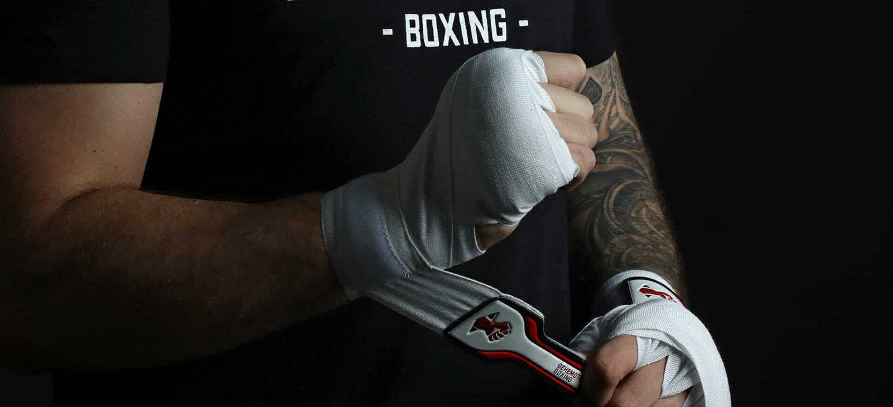 Behemoth Boxing white handwraps on model